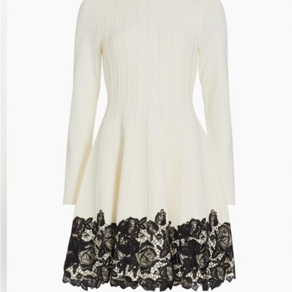 Lela Rose Lace Trim Long sleeve Fit & Flare Elegant White and Black Lace Dress